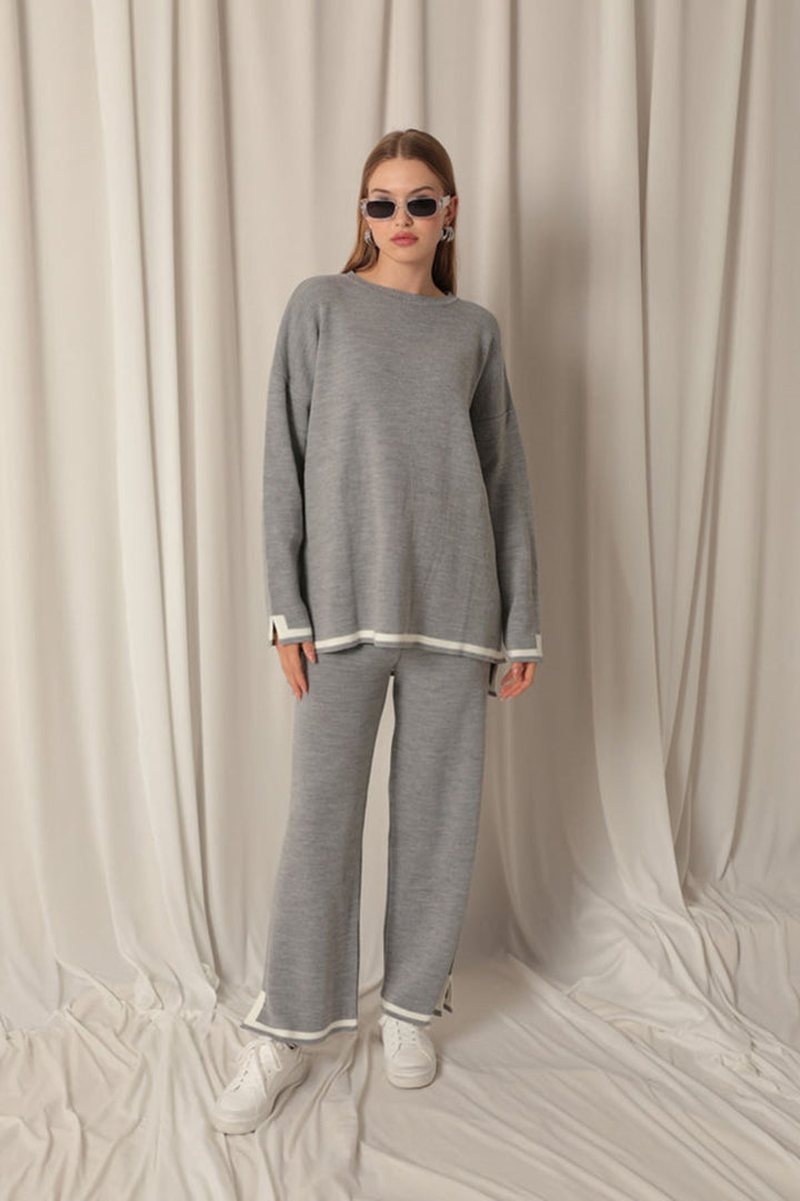 KKT Knitwear Fabric Thick Striped Women's Gray Suit - Tiel