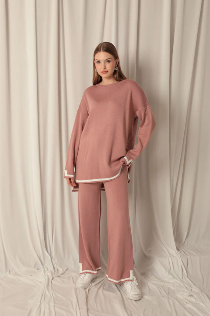 KKT Knitwear Fabric Thick Striped Women's Dusty Rose Suit - Uman