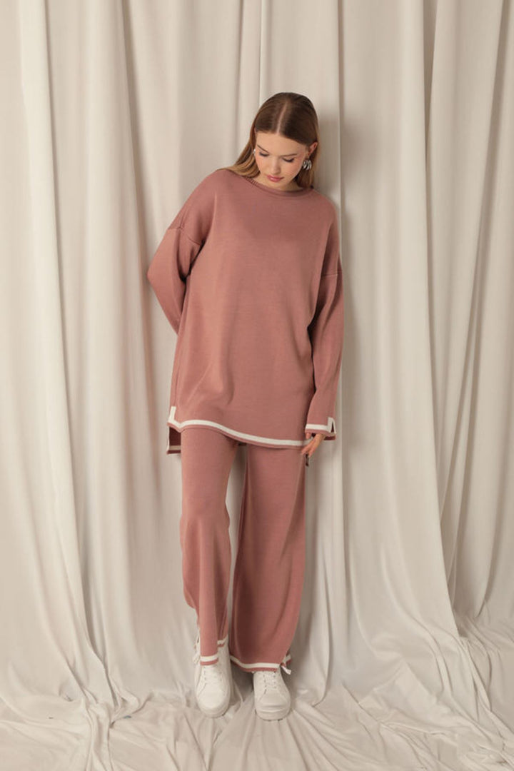 KKT Knitwear Fabric Thick Striped Women's Dusty Rose Suit - Uman