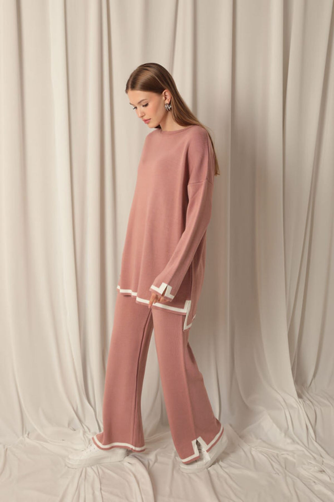 KKT Knitwear Fabric Thick Striped Women's Dusty Rose Suit - Uman