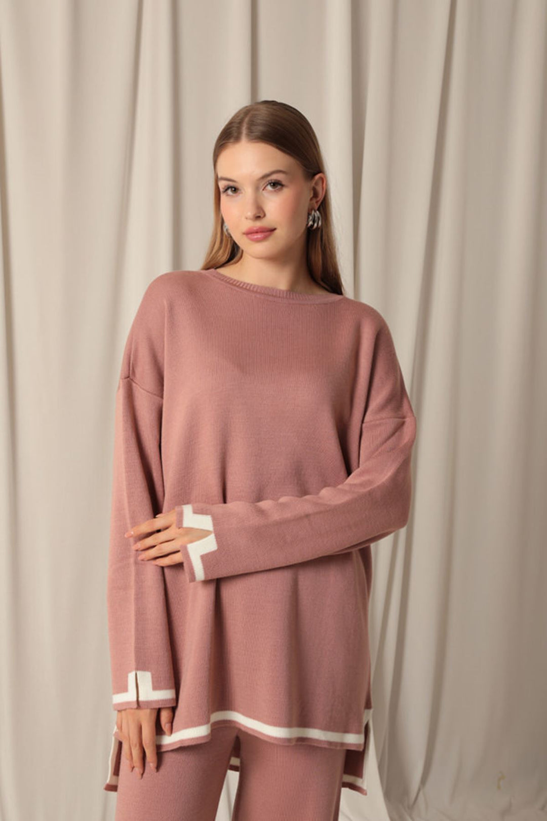 KKT Knitwear Fabric Thick Striped Women's Dusty Rose Suit - Uman