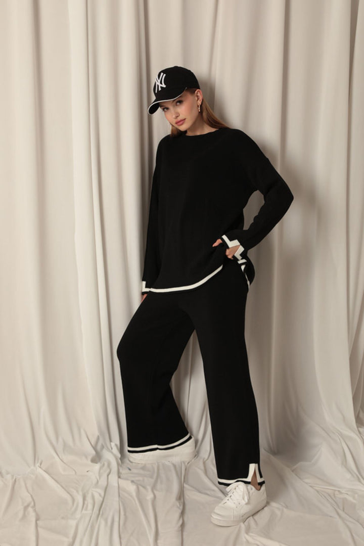 KKT Knitwear Fabric Thick Striped Women's Black Suit - Wrecsam