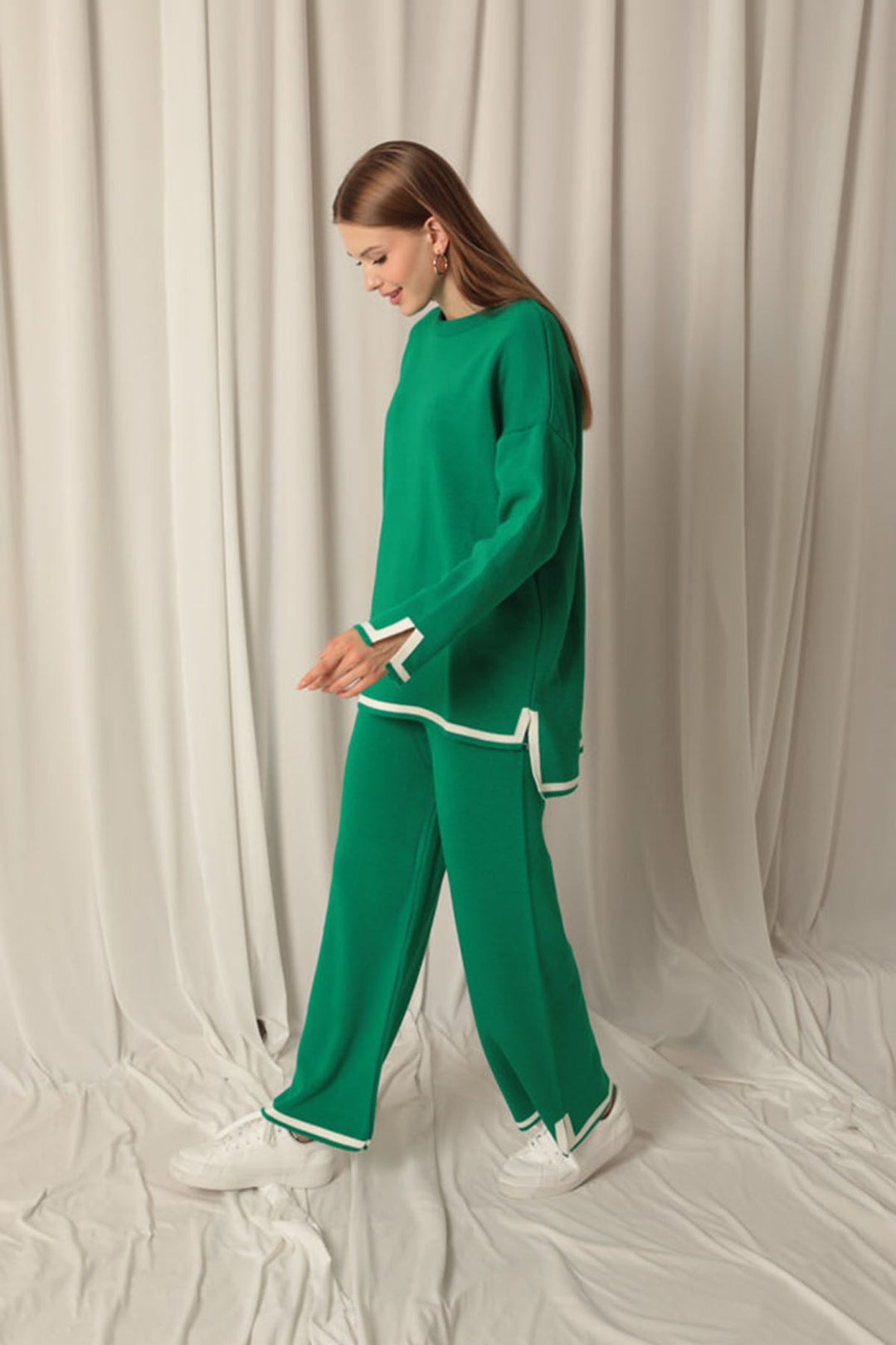 KKT Knitwear Fabric Thick Striped Women's Green Suit - Pervomaisk