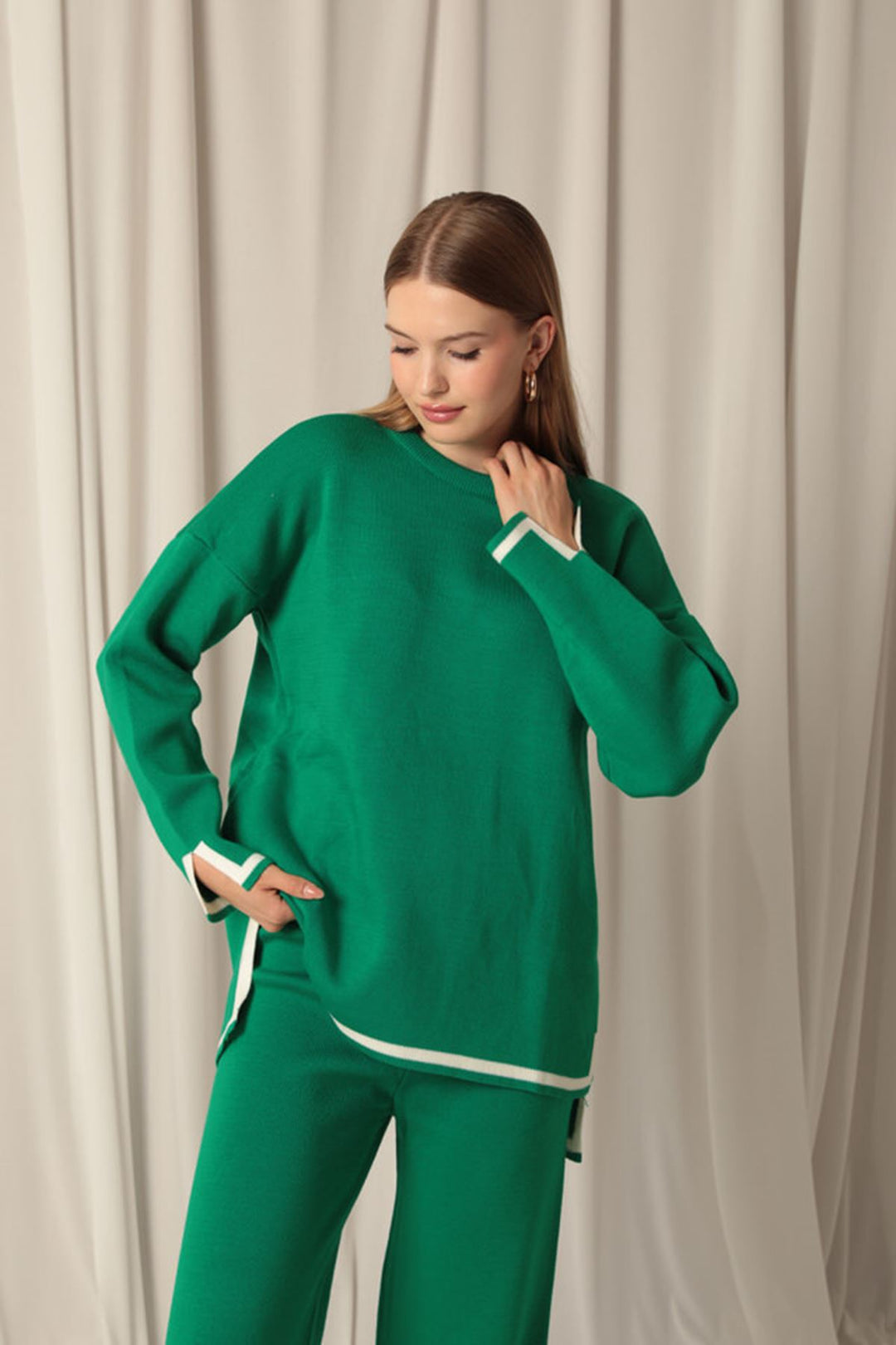 KKT Knitwear Fabric Thick Striped Women's Green Suit - Pervomaisk