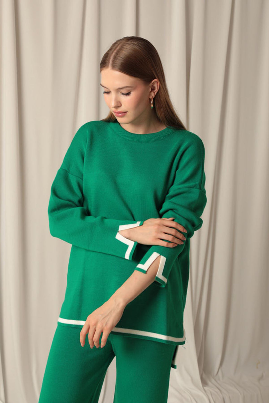 KKT Knitwear Fabric Thick Striped Women's Green Suit - Pervomaisk