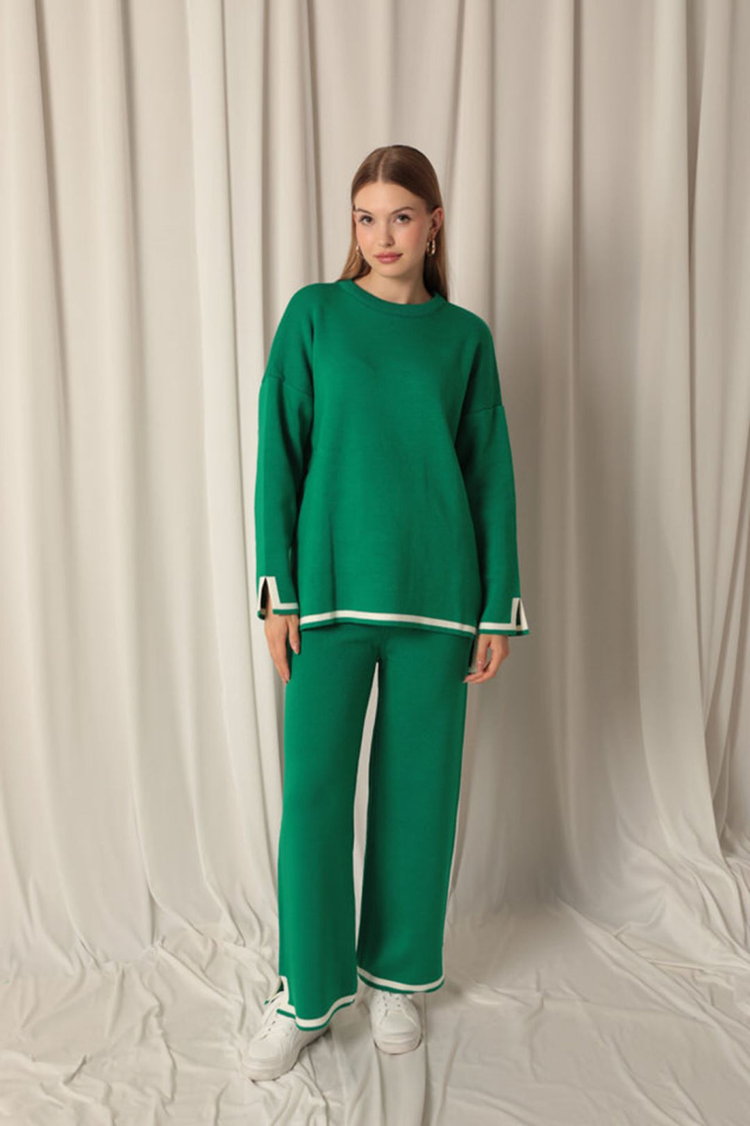 KKT Knitwear Fabric Thick Striped Women's Green Suit - Pervomaisk