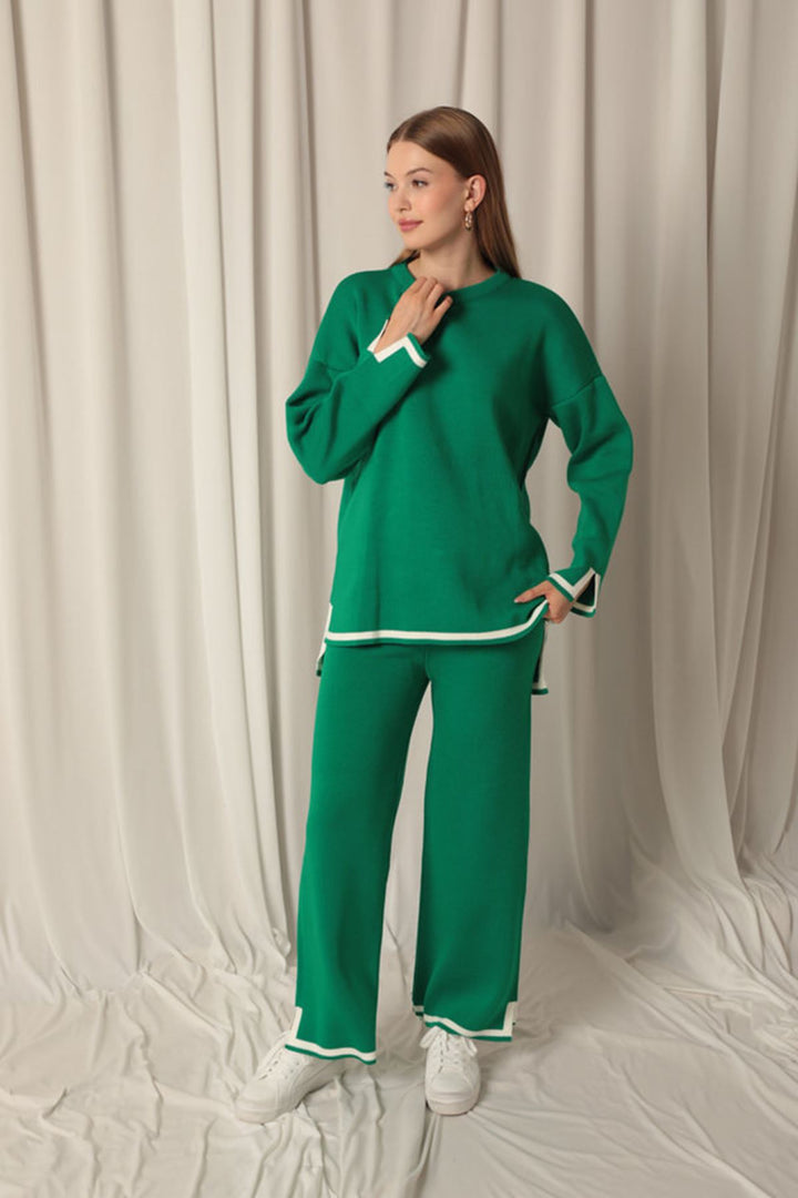 KKT Knitwear Fabric Thick Striped Women's Green Suit - Pervomaisk