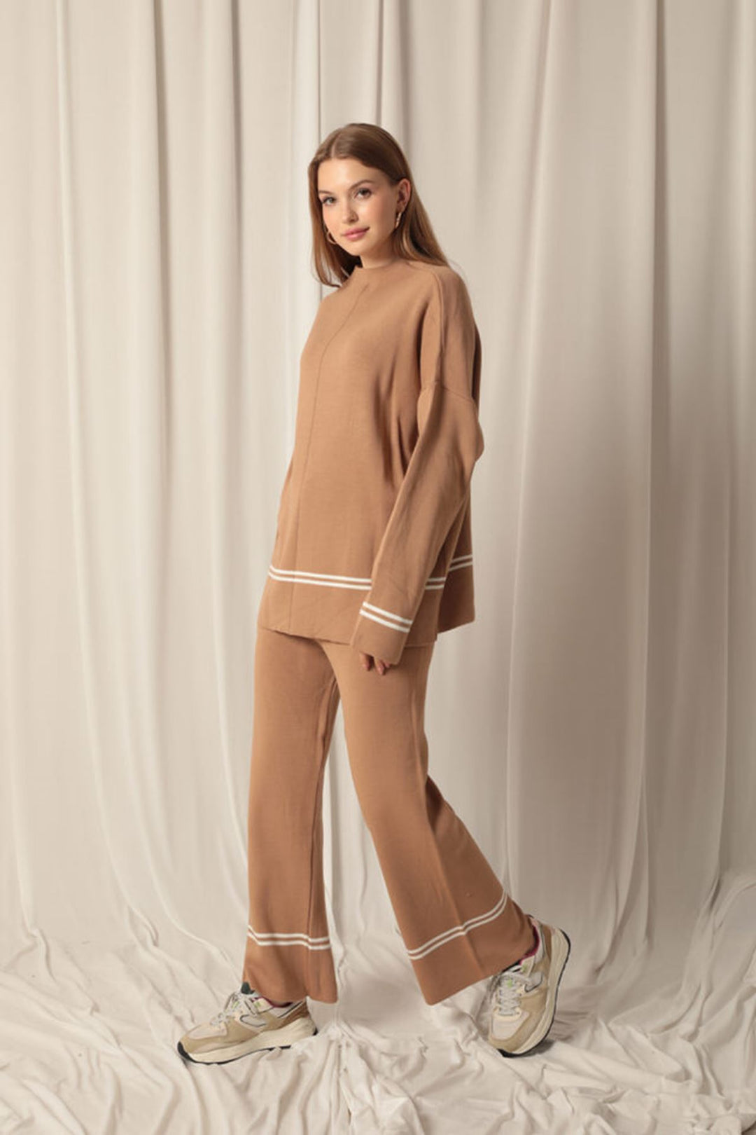 KKT Knitwear Fabric Half Turtleneck Thin Striped Women's Tan Suit - Sion