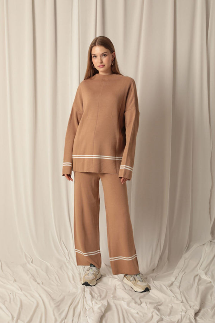 KKT Knitwear Fabric Half Turtleneck Thin Striped Women's Tan Suit - Sion