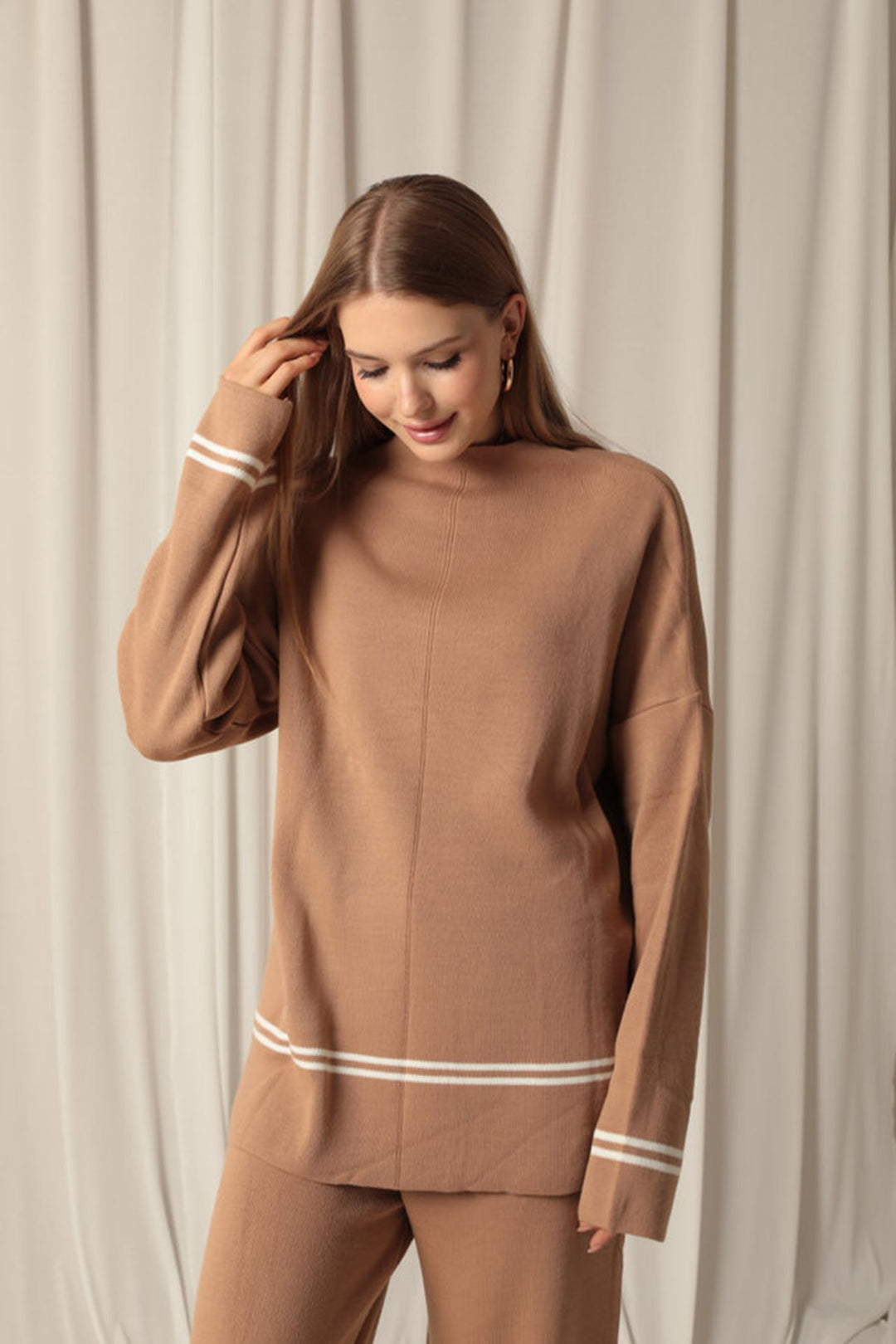 KKT Knitwear Fabric Half Turtleneck Thin Striped Women's Tan Suit - Sion