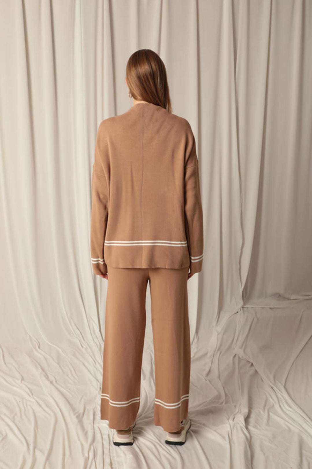 KKT Knitwear Fabric Half Turtleneck Thin Striped Women's Tan Suit - Sion