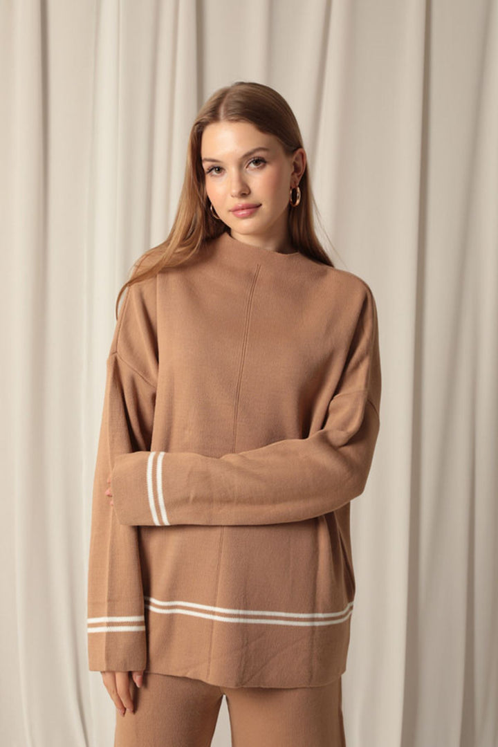 KKT Knitwear Fabric Half Turtleneck Thin Striped Women's Tan Suit - Sion