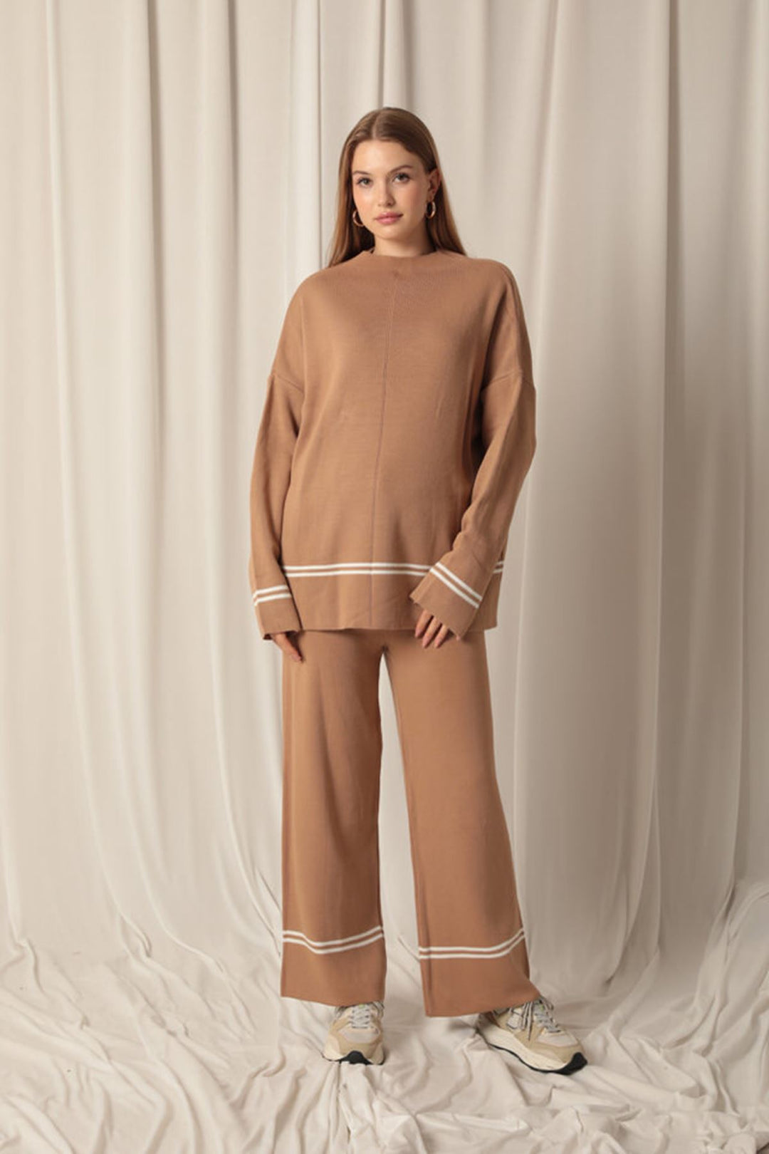 KKT Knitwear Fabric Half Turtleneck Thin Striped Women's Tan Suit - Sion