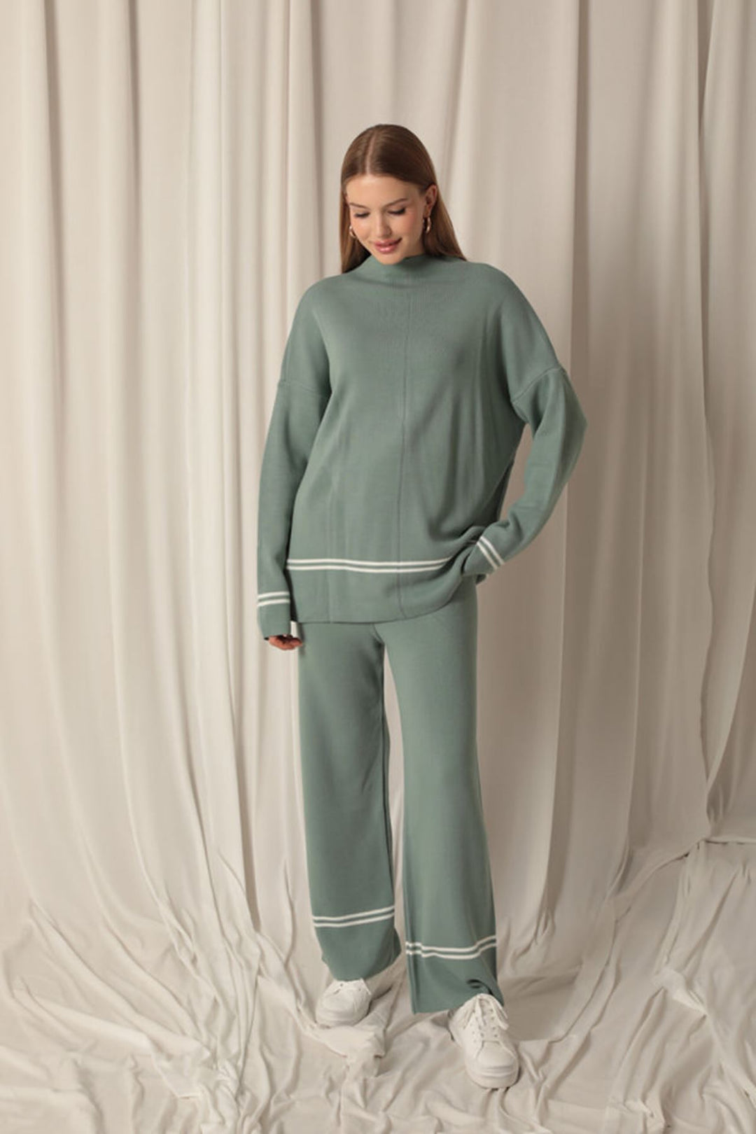 KKT Knitwear Fabric Women's Thin Striped Women's Mint Suit - Wayne