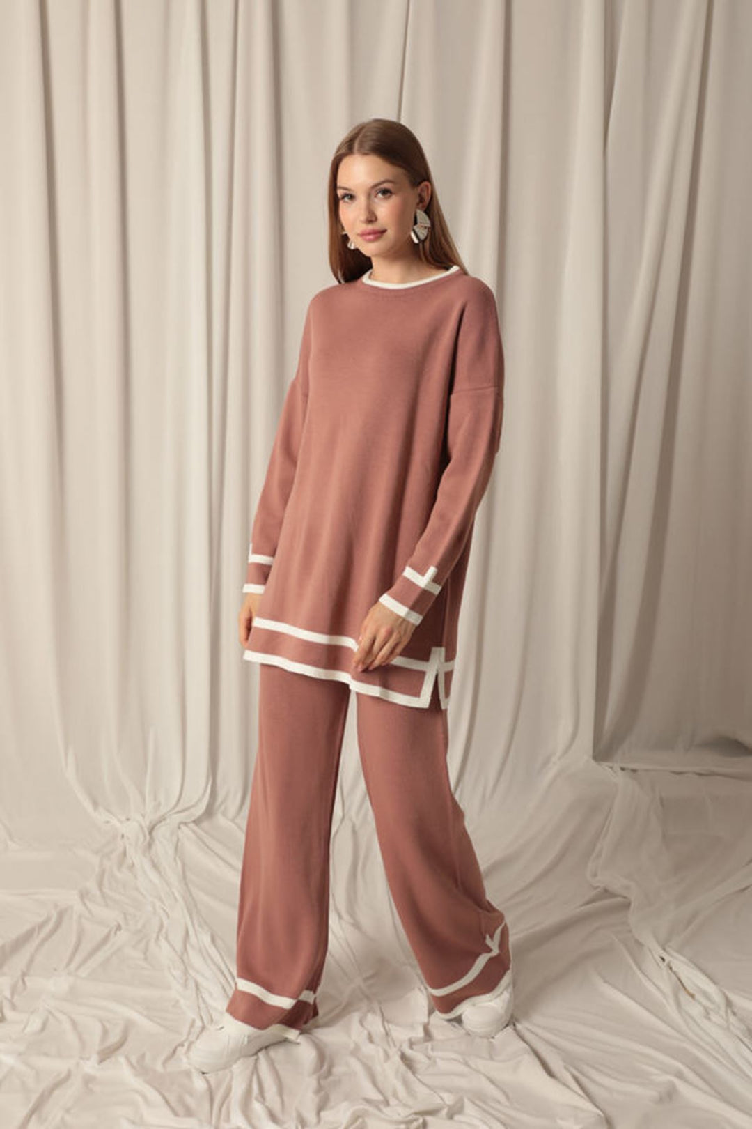 KKT Knitwear Fabric Thick Striped Women's Dusty Rose Suit - DeSoto