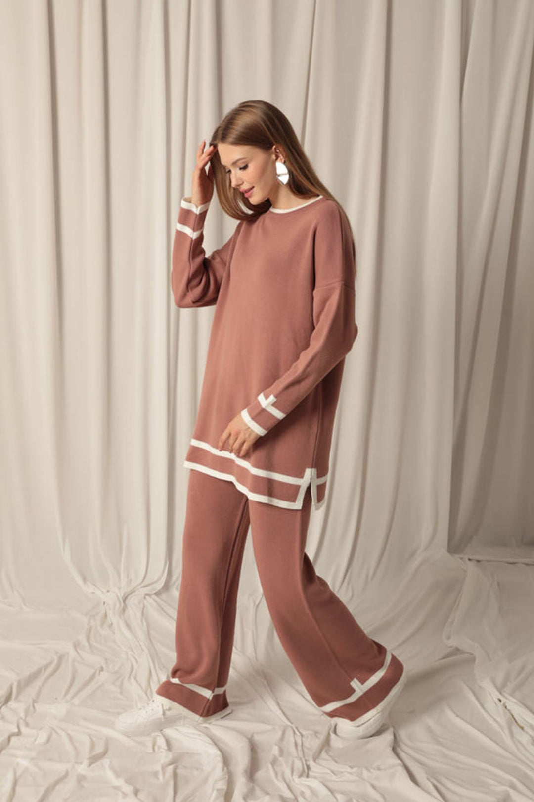 KKT Knitwear Fabric Thick Striped Women's Dusty Rose Suit - DeSoto