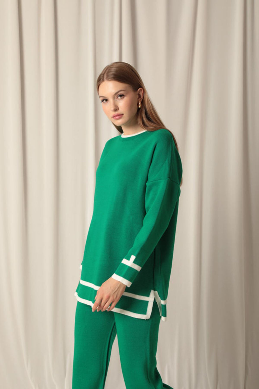 KKT Knitwear Fabric Thick Striped Women's Green Suit - Jilotepec