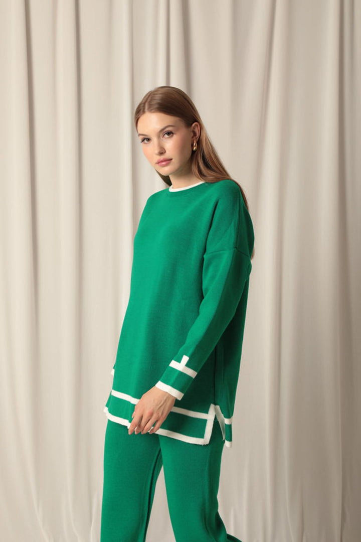 KKT Knitwear Fabric Thick Striped Women's Green Suit - Jilotepec