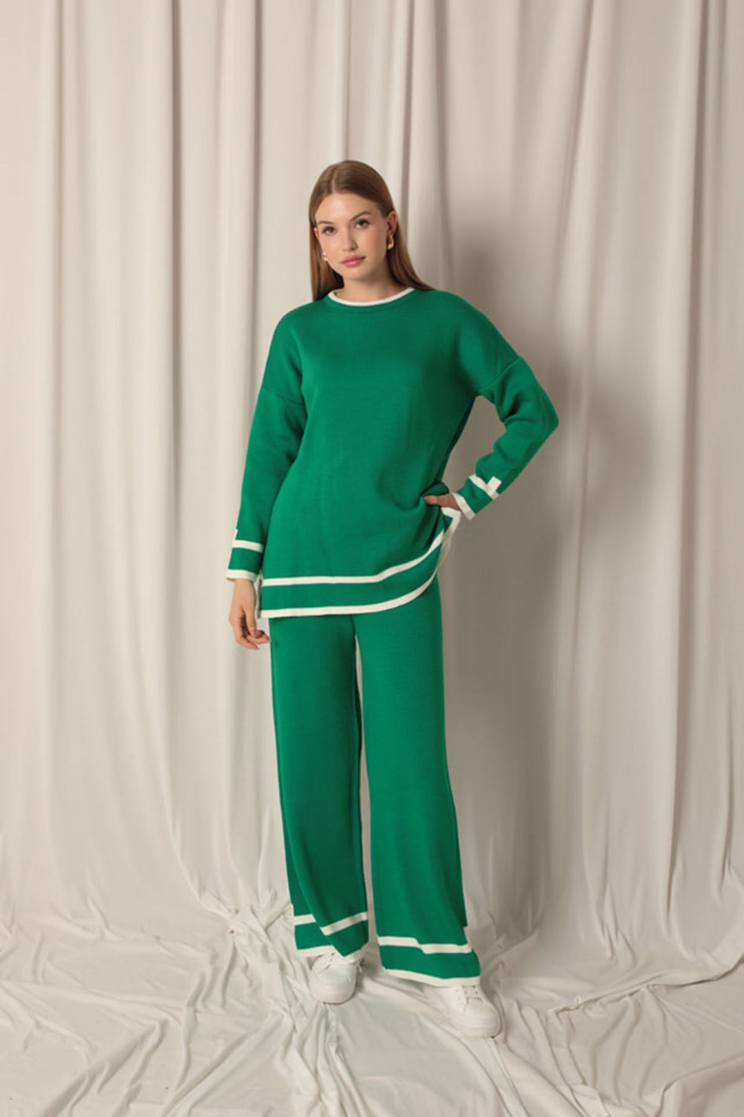 KKT Knitwear Fabric Thick Striped Women's Green Suit - Jilotepec