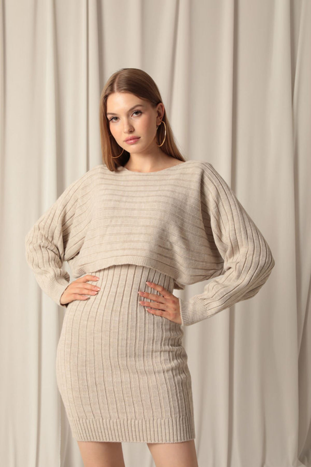 KKT Knitwear Fabric Sweater Dress Beige Suit - West Allis