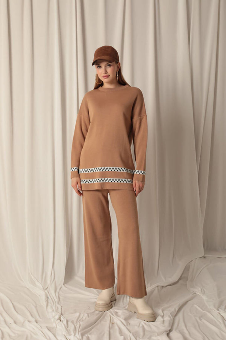 KKT Knitwear Fabric Ethnic Striped Women's Tan Suit - Backnang