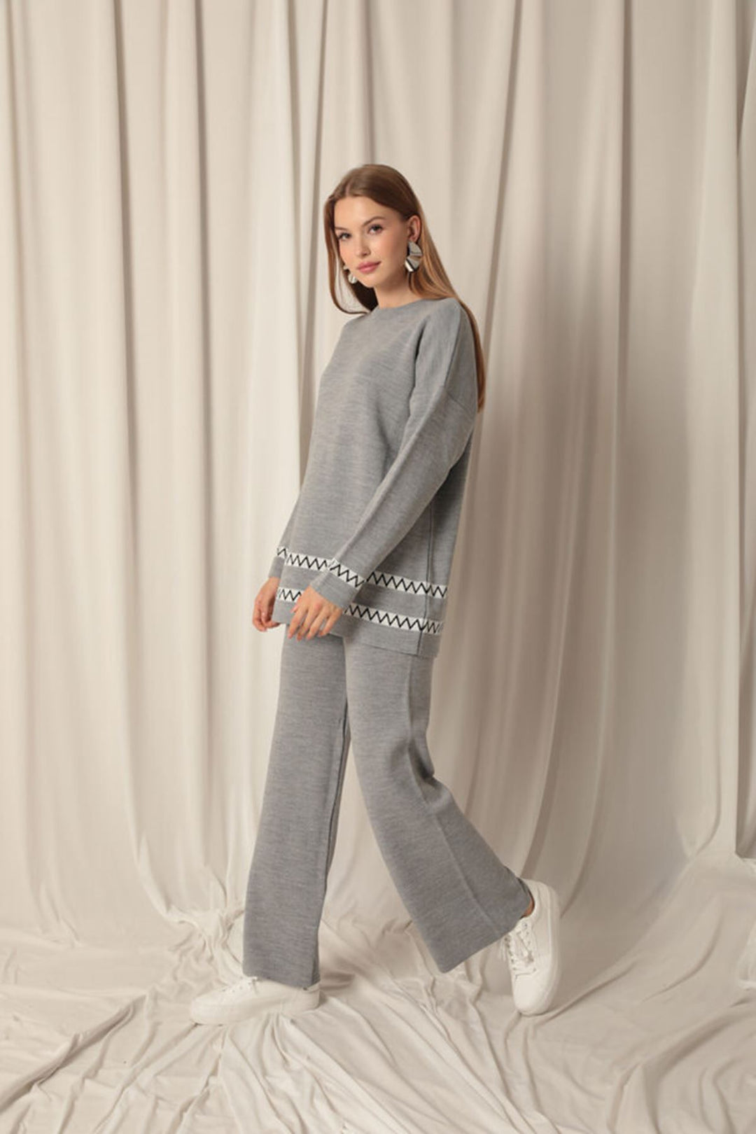 KKT Knitwear Fabric Ethnic Striped Women's Gray Suit - Padova