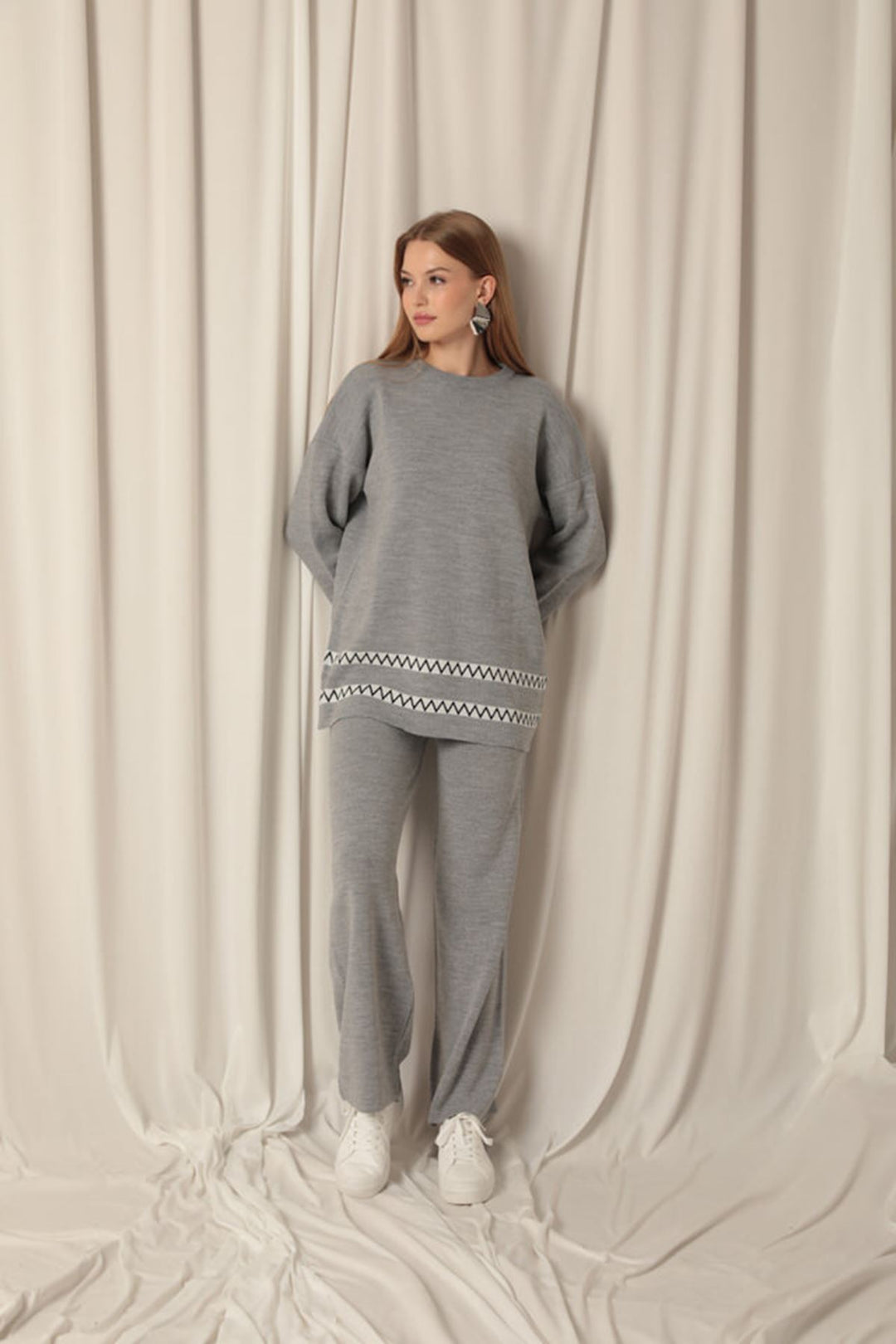 KKT Knitwear Fabric Ethnic Striped Women's Gray Suit - Padova