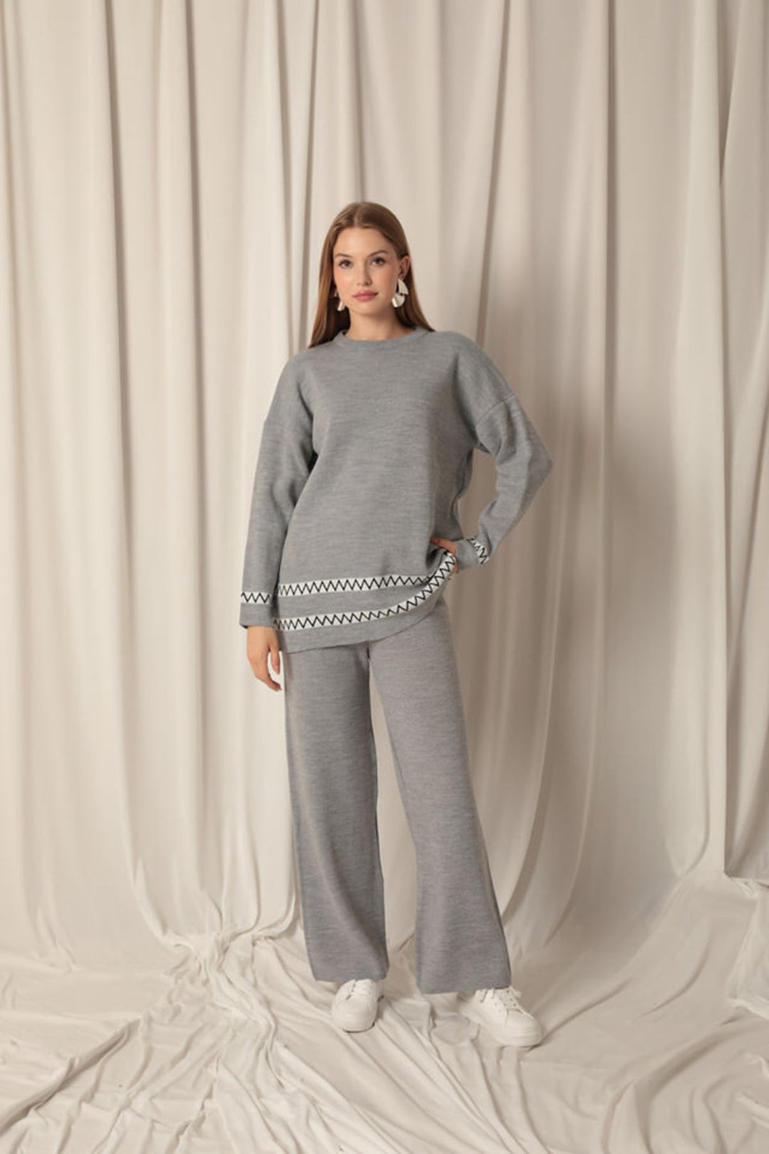 KKT Knitwear Fabric Ethnic Striped Women's Gray Suit - Padova