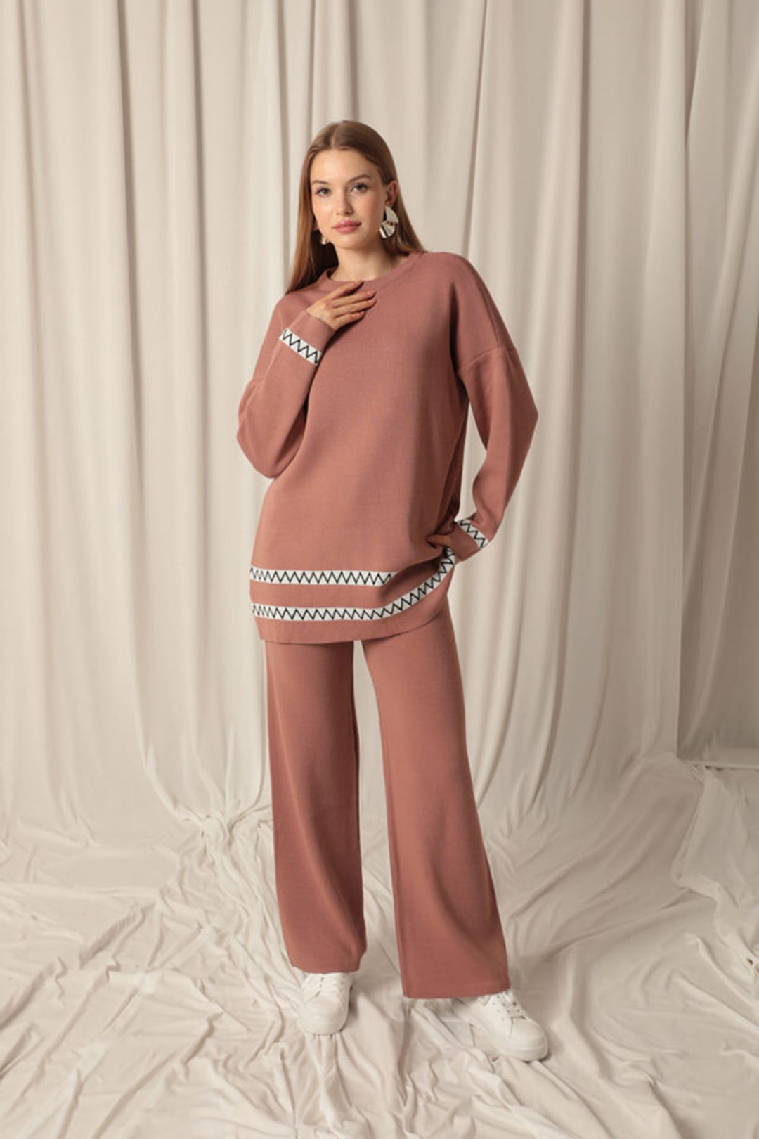 KKT Knitwear Fabric Ethnic Striped Women's Dusty Rose Suit - Ballarat