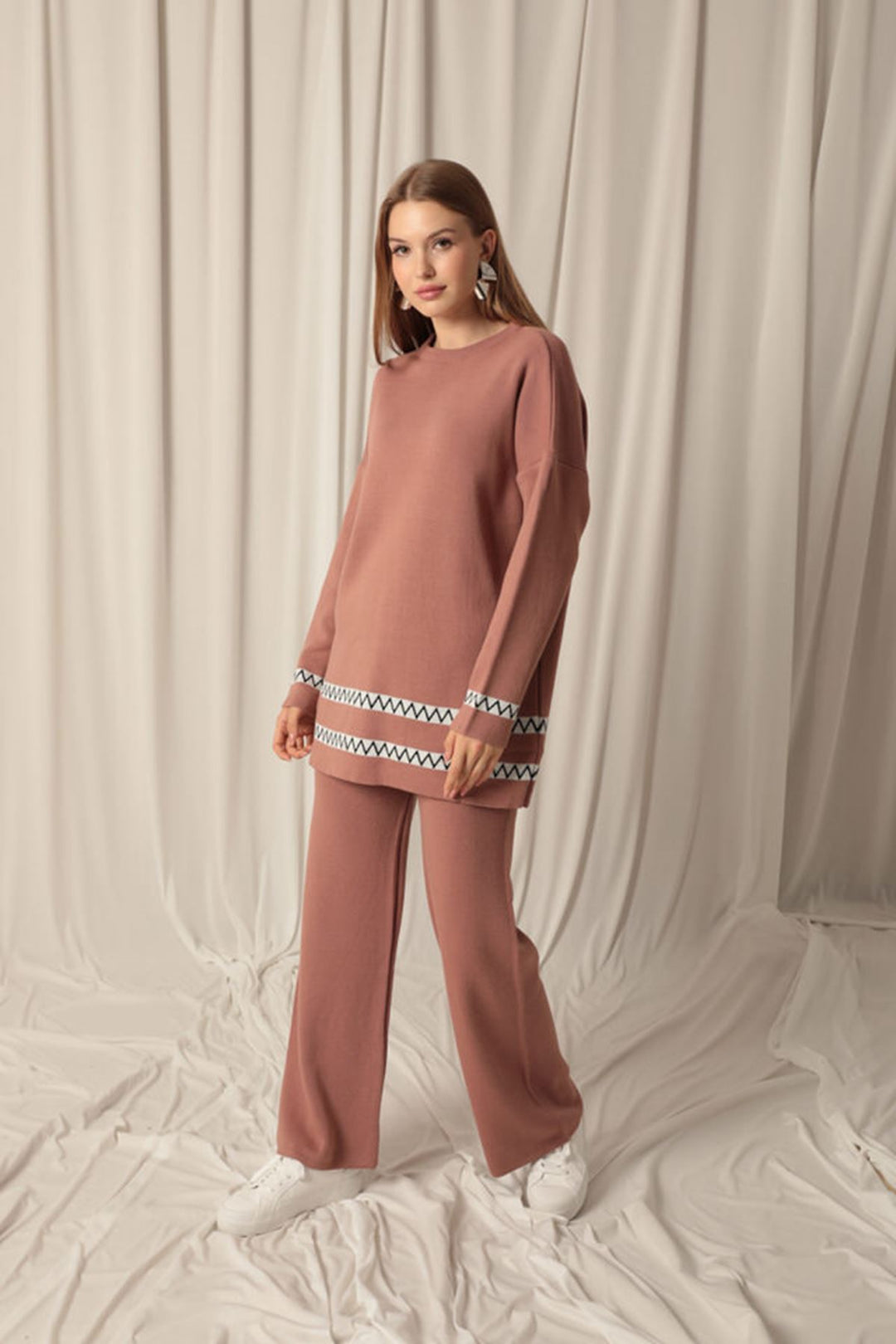 KKT Knitwear Fabric Ethnic Striped Women's Dusty Rose Suit - Ballarat