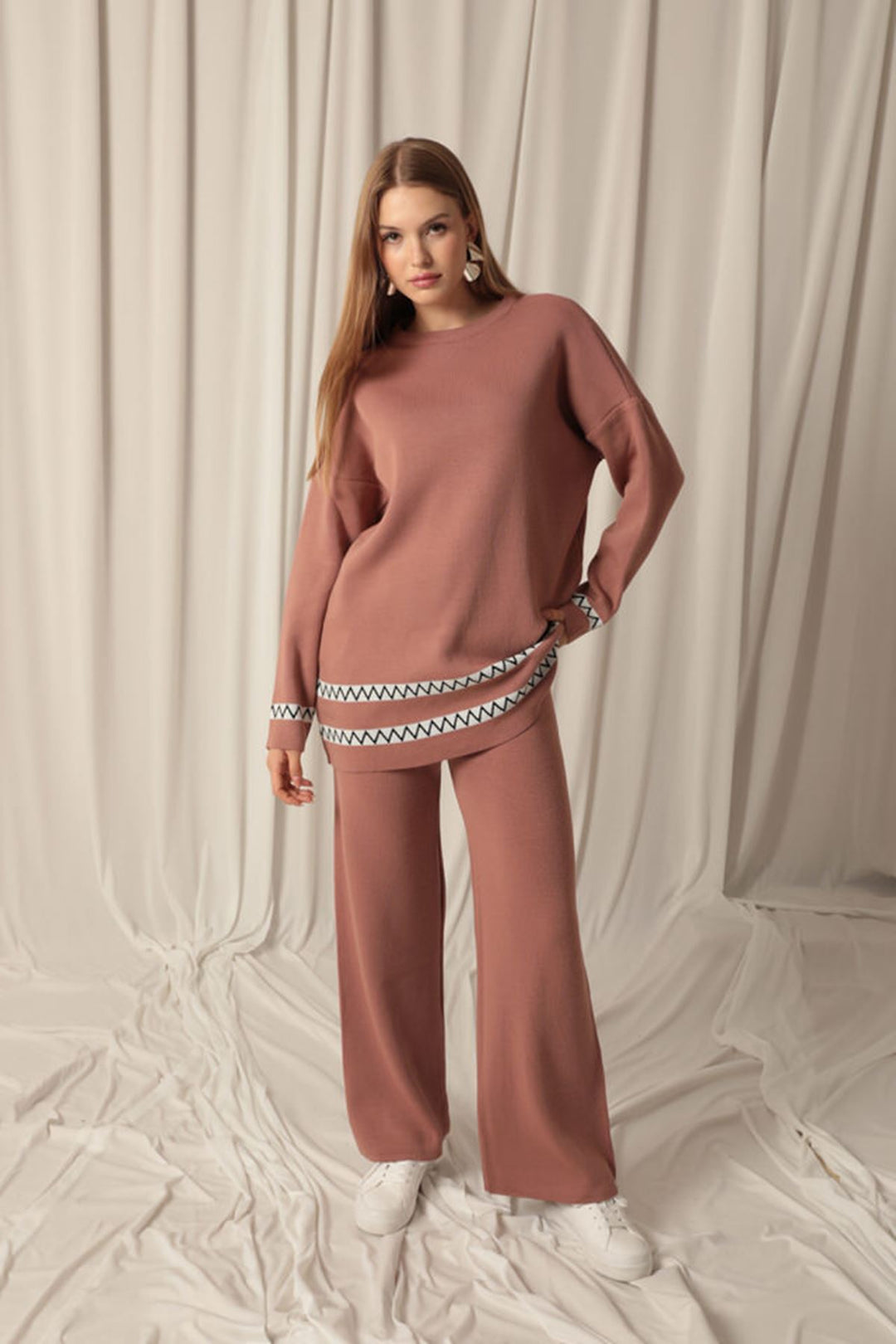 KKT Knitwear Fabric Ethnic Striped Women's Dusty Rose Suit - Ballarat