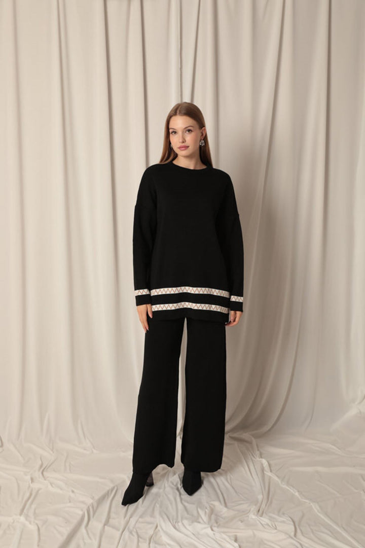 KKT Knitwear Fabric Ethnic Striped Women's Black Suit - Jiménez