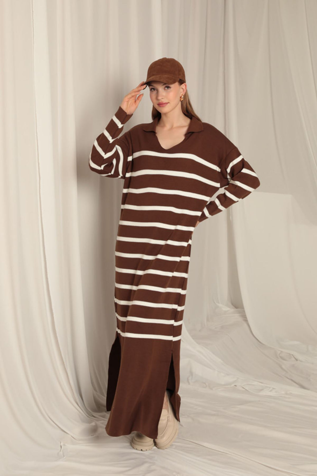 KKT Knitwear Fabric Striped Shirt Collar Brown Dress - Coacalco