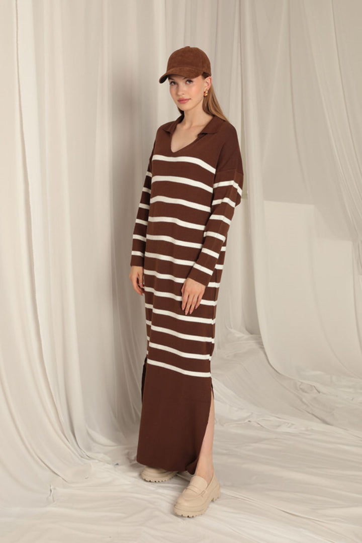 KKT Knitwear Fabric Striped Shirt Collar Brown Dress - Coacalco