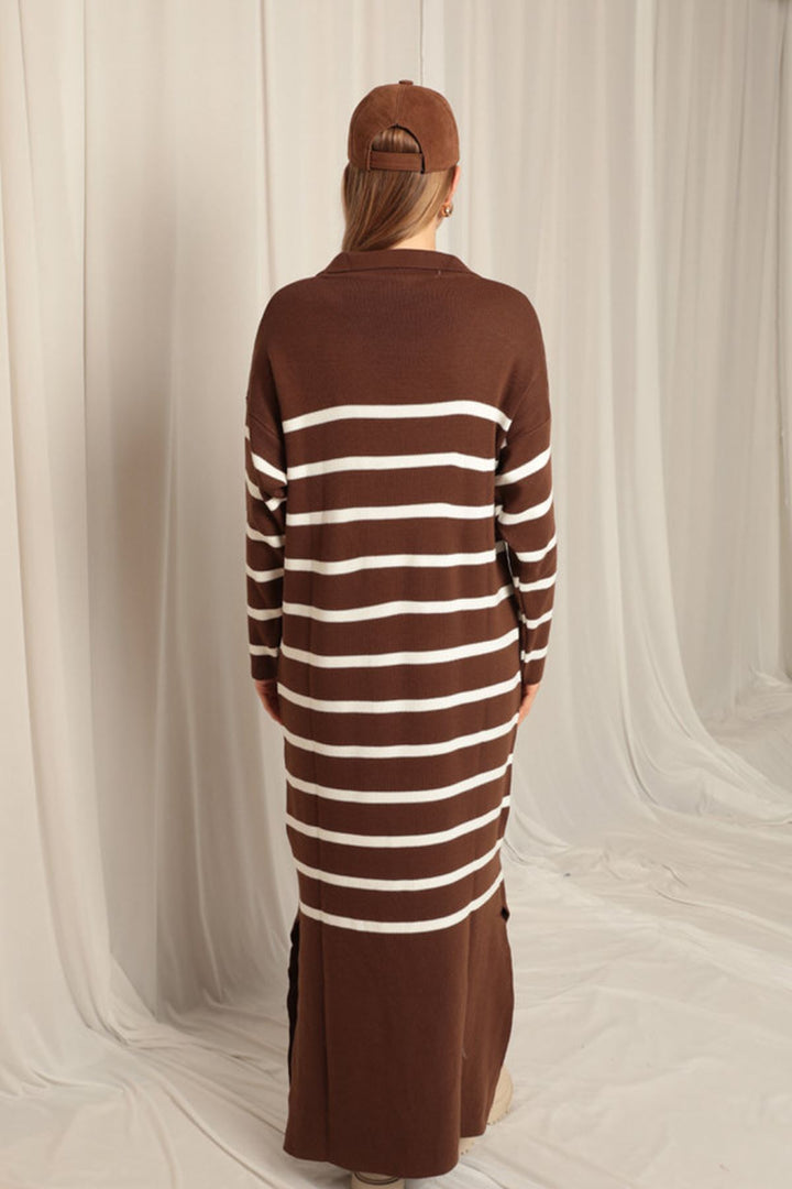 KKT Knitwear Fabric Striped Shirt Collar Brown Dress - Coacalco