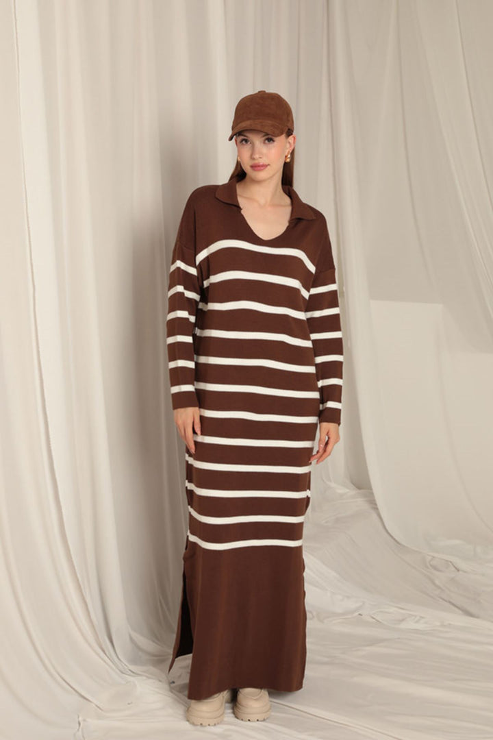 KKT Knitwear Fabric Striped Shirt Collar Brown Dress - Coacalco