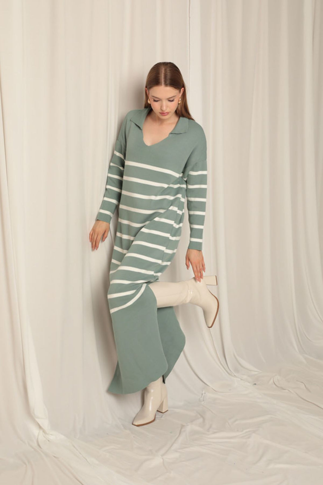 KKT Knit Fabric Striped Shirt Collar Mint/Ecru Dress - Coquitlam