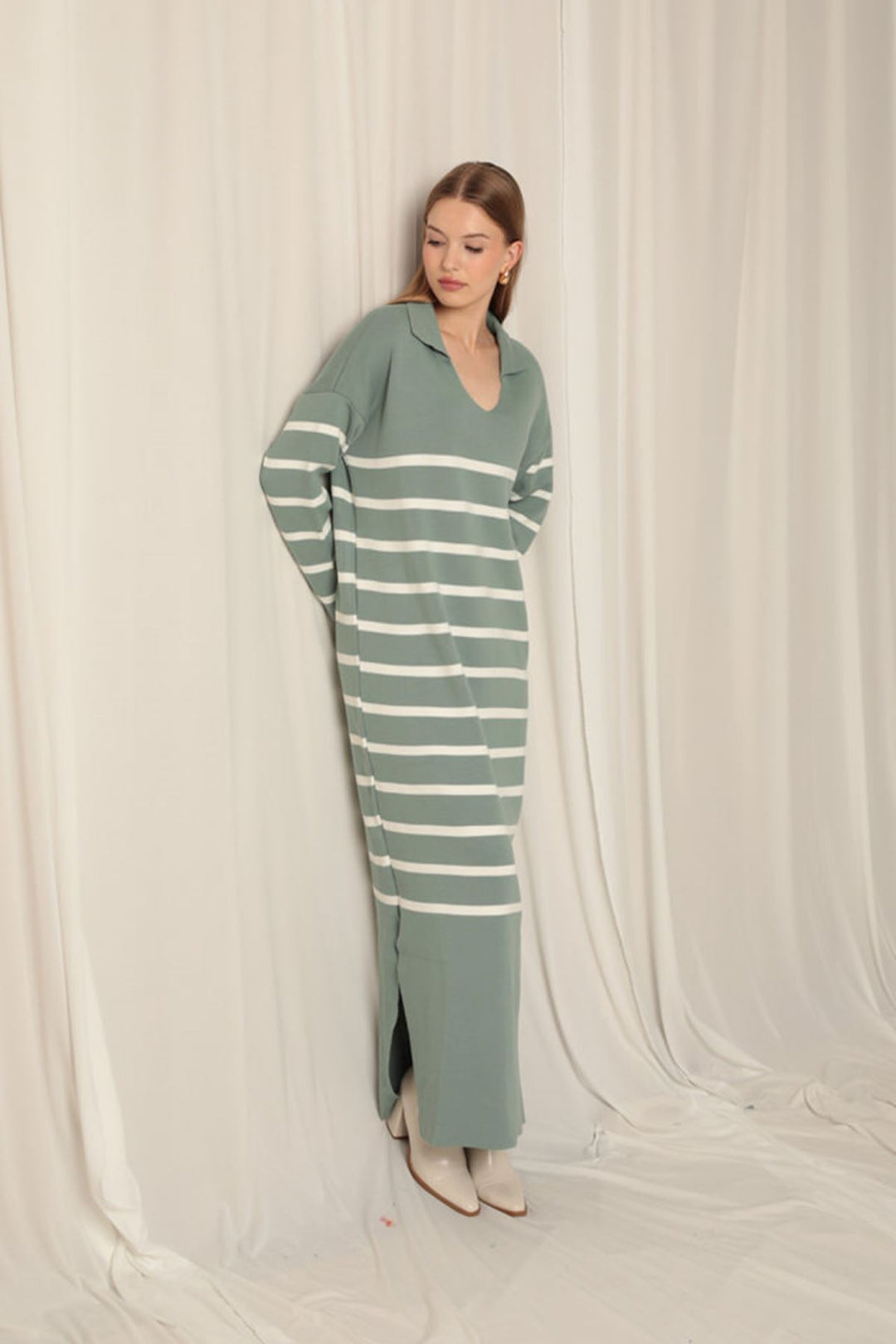 KKT Knit Fabric Striped Shirt Collar Mint/Ecru Dress - Coquitlam