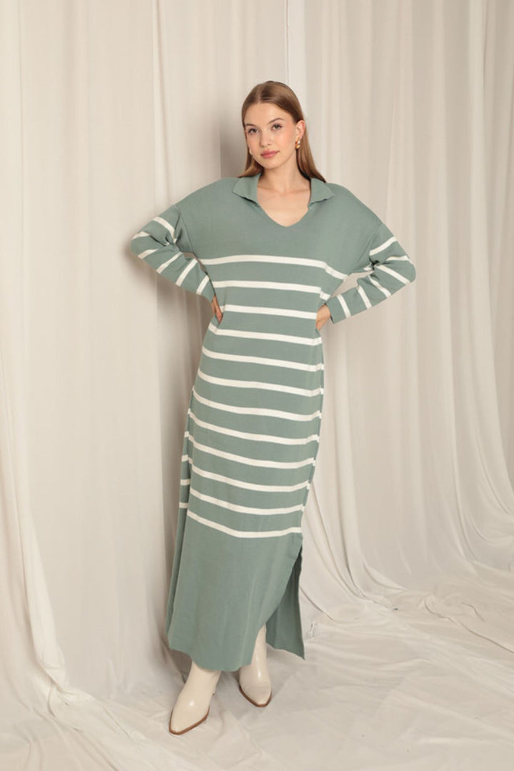 KKT Knit Fabric Striped Shirt Collar Mint/Ecru Dress - Coquitlam