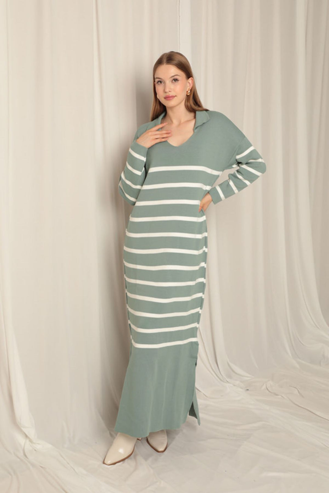 KKT Knit Fabric Striped Shirt Collar Mint/Ecru Dress - Coquitlam