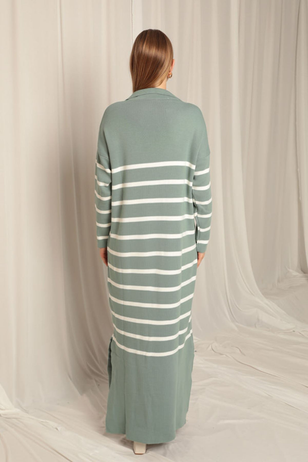 KKT Knit Fabric Striped Shirt Collar Mint/Ecru Dress - Coquitlam