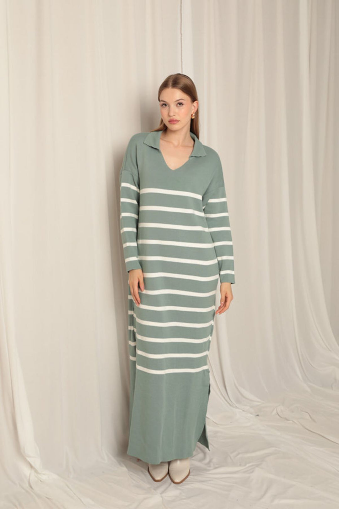 KKT Knit Fabric Striped Shirt Collar Mint/Ecru Dress - Coquitlam