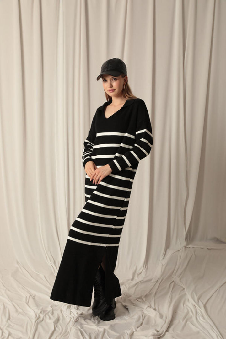 KKT Knit Fabric Striped Shirt Collar Black Dress - Neubrandenburg