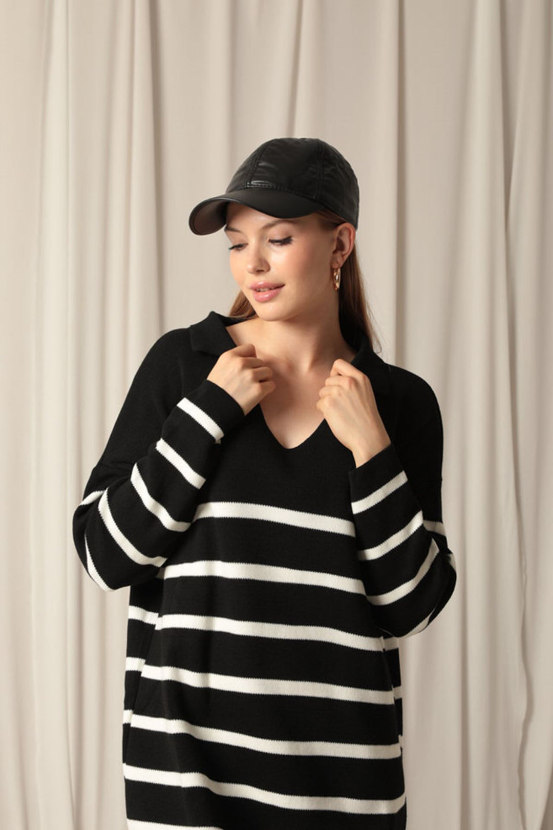 KKT Knit Fabric Striped Shirt Collar Black Dress - Neubrandenburg