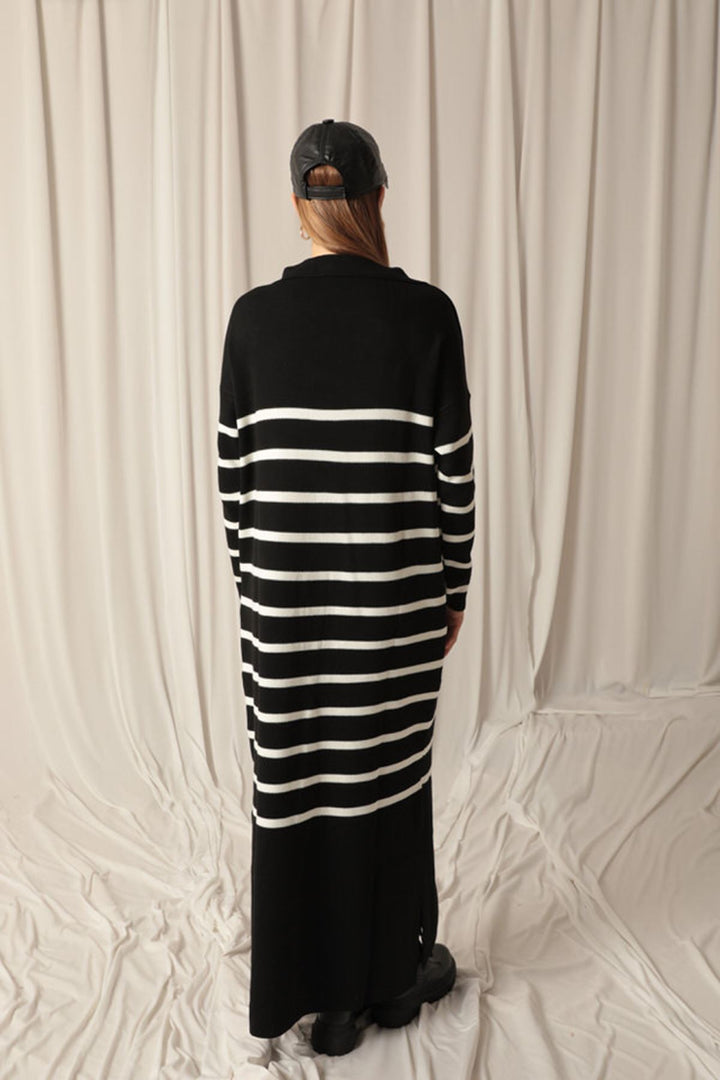 KKT Knit Fabric Striped Shirt Collar Black Dress - Neubrandenburg