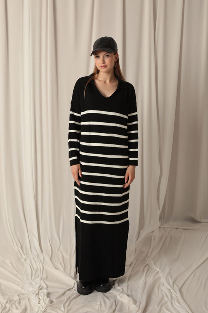 KKT Knit Fabric Striped Shirt Collar Black Dress - Neubrandenburg