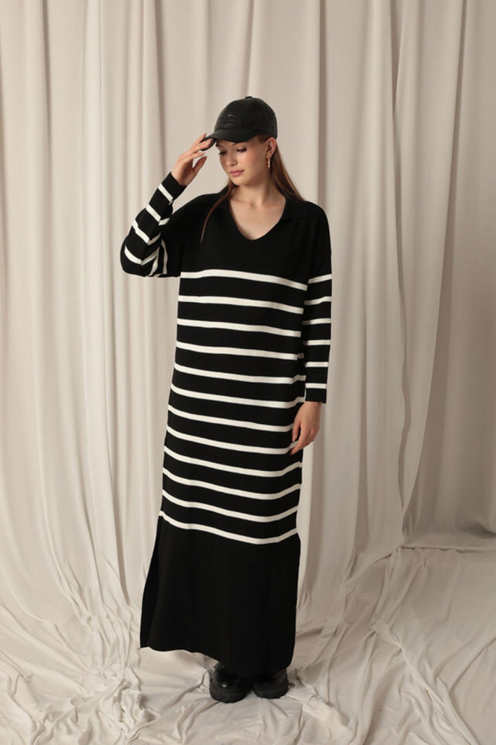 KKT Knit Fabric Striped Shirt Collar Black Dress - Neubrandenburg