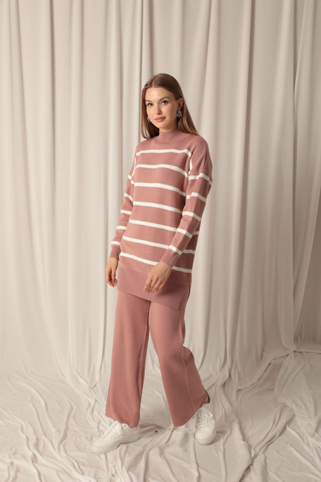 KKT Knitted Fabric Striped Women's Dusty Rose Suit - Tezoyuca