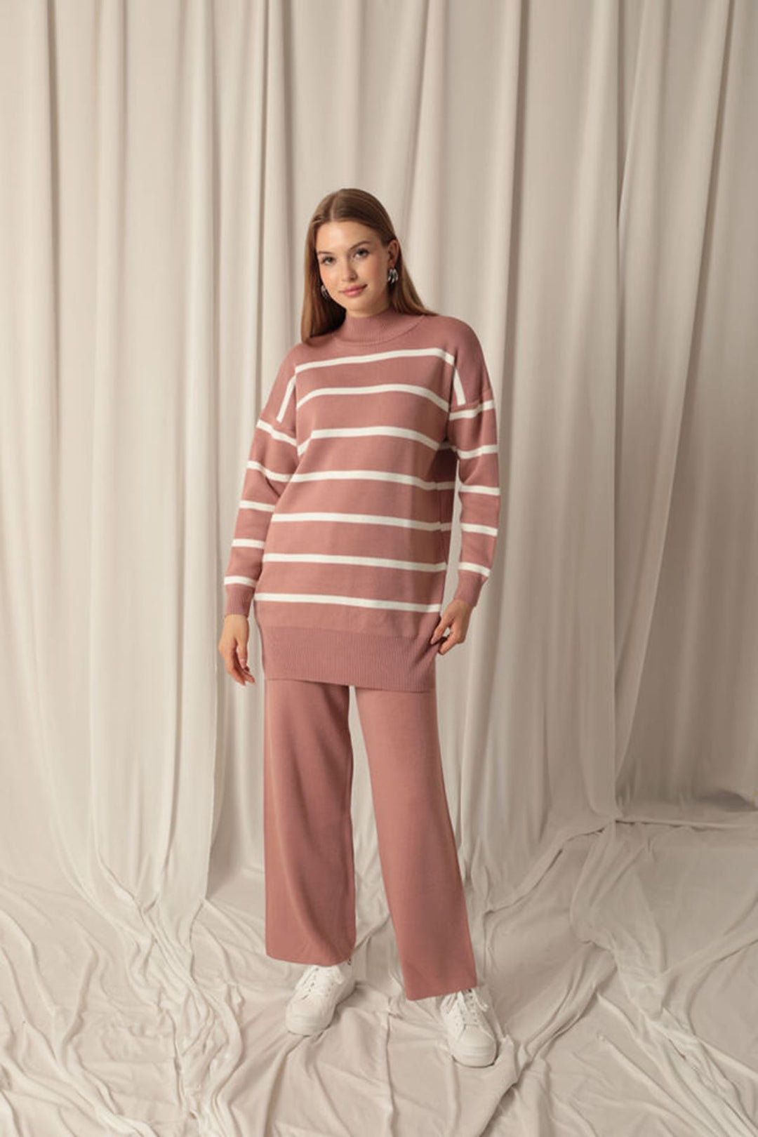 KKT Knitted Fabric Striped Women's Dusty Rose Suit - Tezoyuca