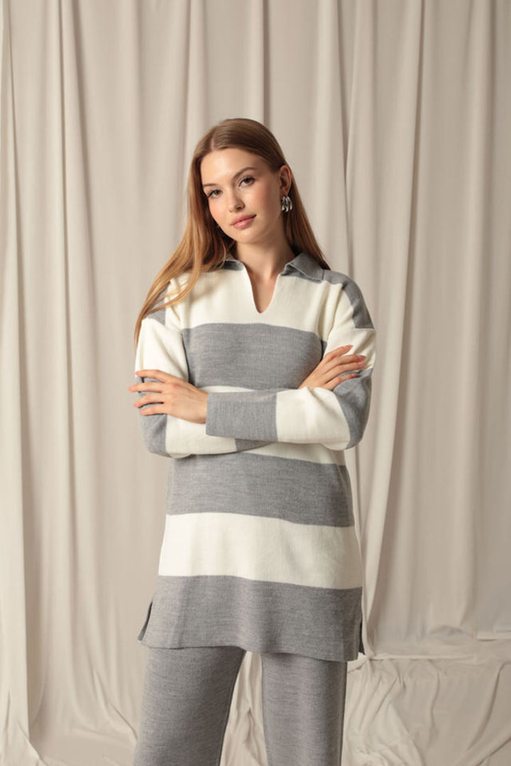 KKT Knitwear Fabric Striped Women's Gray Suit - Ontario